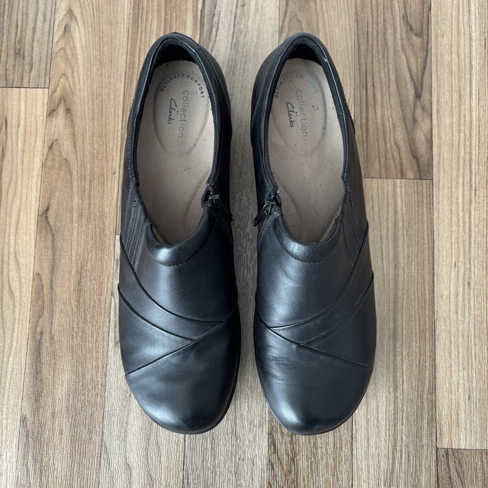 Clarks Channing Essa Clog Slip On Shoe Black Leather Comfort Size 11 Bootie Zip